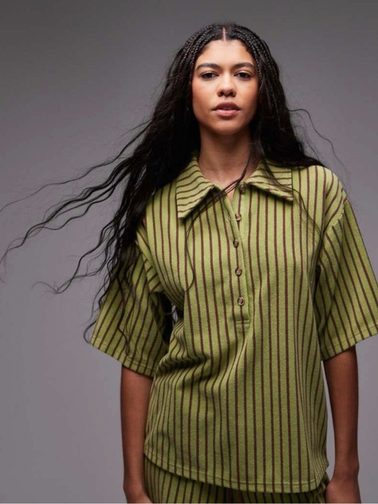 Topshop Tops - Topshop Olive Green and Brown Striped Short-Sleeve Boxy Top